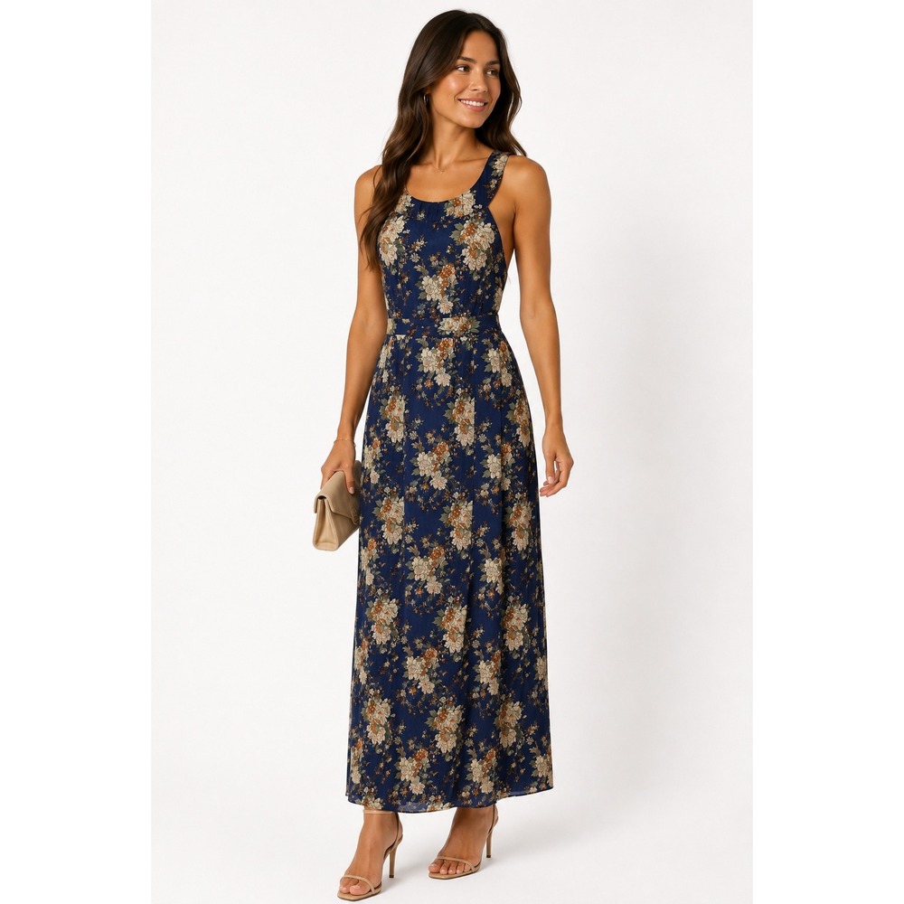 ark & co. Maxi Dress S Navy Floral Cutout Open Back Bridal Engagement Romantic